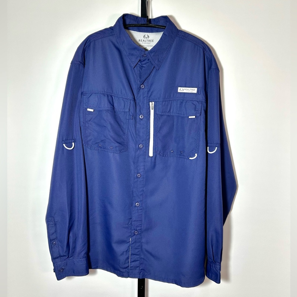 Realtree Fishing Shirt Mens L Blue Nylon Performance Vented Long Sleeve Button